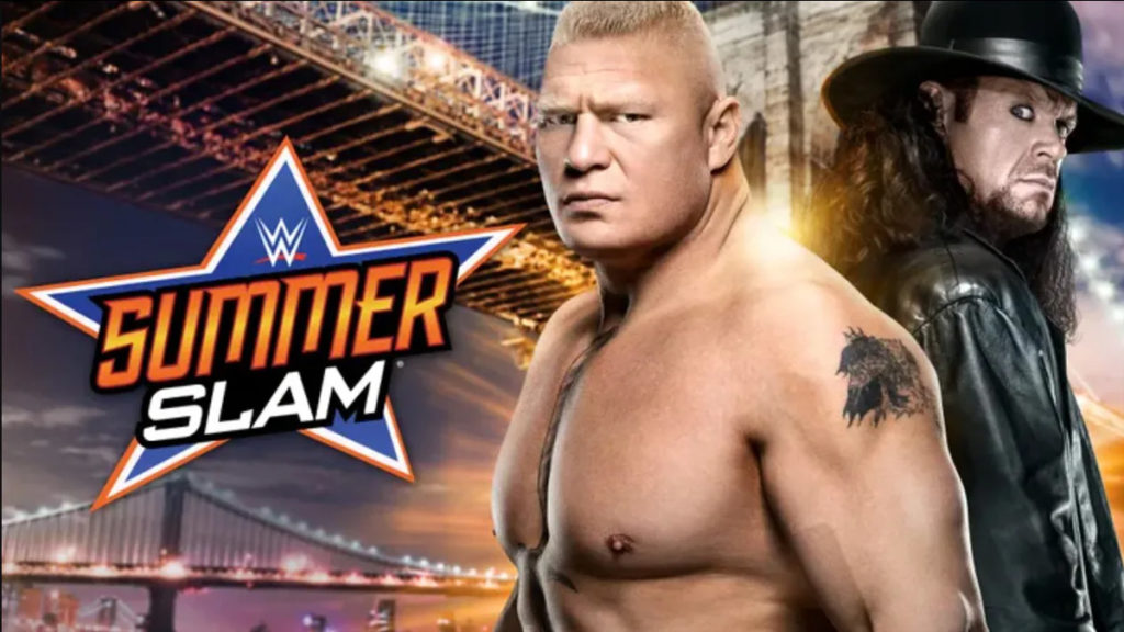 wwe summerslam 2015 ppv poster brock lesnar vs the undertaker stephen amell neville vs stardust aka cody rhodes king wade barrett seth rollins vs john cena jon stewart