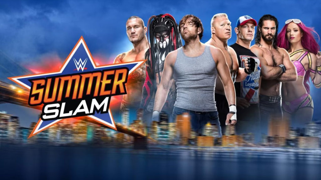 wwe summerslam 2016 ppv poster brock lesnar vs randy orton chris jericho backstage fight brock lesnar john cena vs aj styles seth rollins vs finn balor wins wwe universal championship first champion