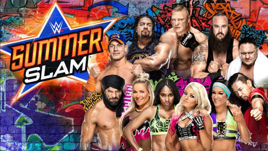 wwe summerslam 2017 ppv poster fatal 4 four way match wwe universal championship brock lesnar vs roman reigns vs braun strowman vs samoa joe wwe championship jinder mahal vs shinsuke nakamura