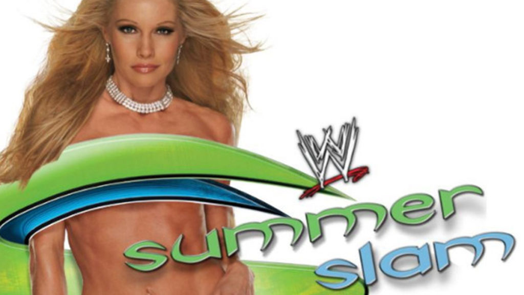 wwe summerslam 2003 ppv poster sable brock lesnar kurt angle wwe championship elimination chamber match world heavyweight title triple h goldberg randy orton shawn michaels chris jericho kevin nash hair vs hair match