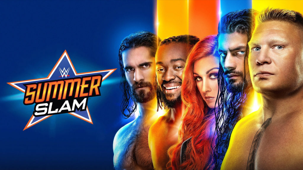 wwe summerslam 2019 ppv poster seth rollins vs brock lesnar kofi kingston vs randy orton goldberg vs dolph ziggler squashes spear trish stratus vs charlotte flair