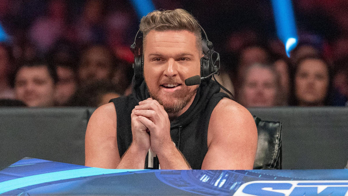 Pat McAfee sitting on WWE commentary 2019
