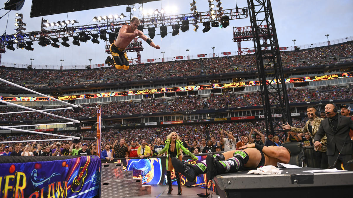 Logan Paul executes a Frog Splash on The Miz at WWE SummerSlam 2022