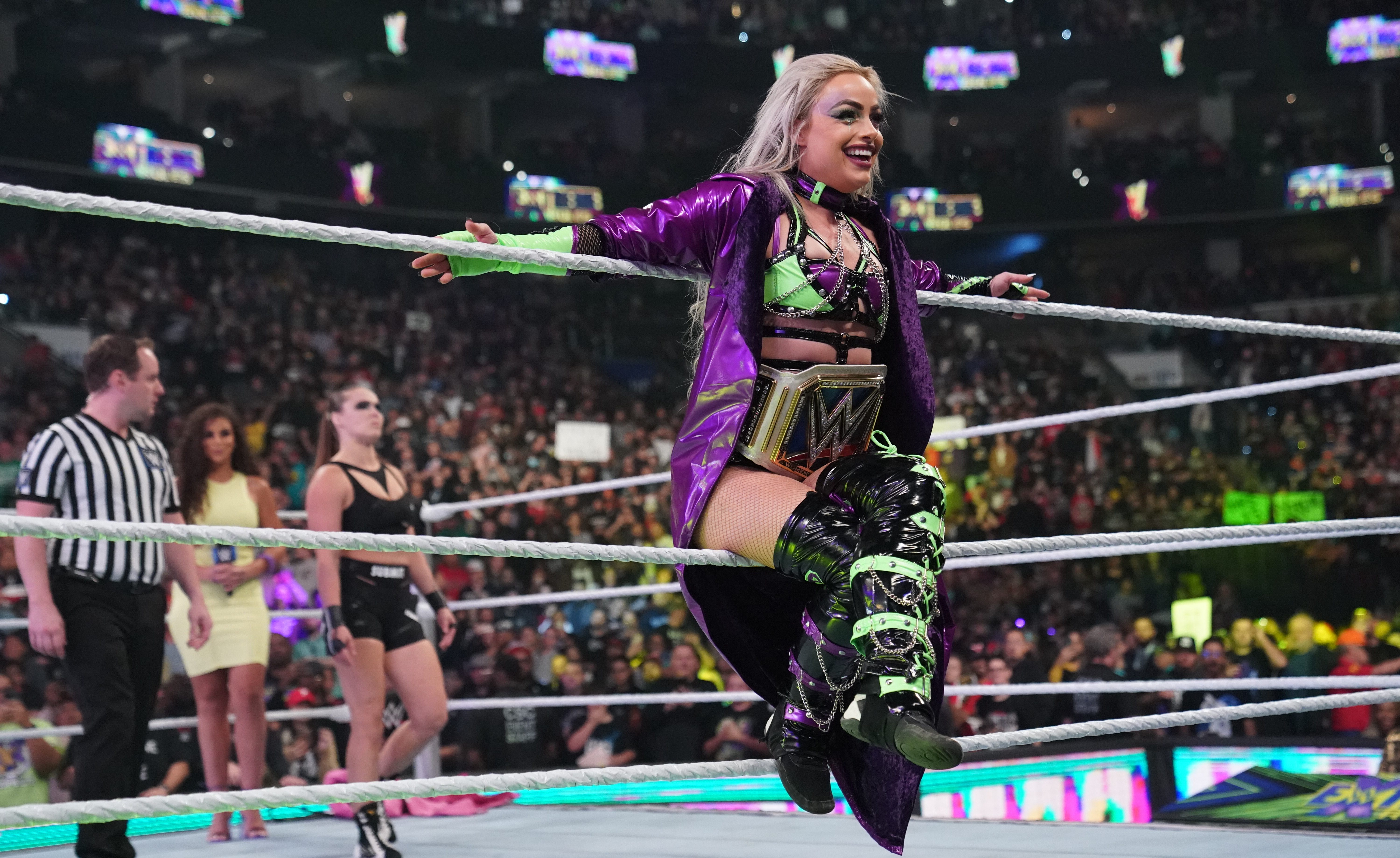 Liv Morgan makes her entrance as WWE SmackDown Women's Champion at WWE Extreme Rules 2022