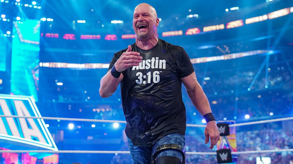 Stone Cold Steve Austin celebrates at WWE WrestleMania 38