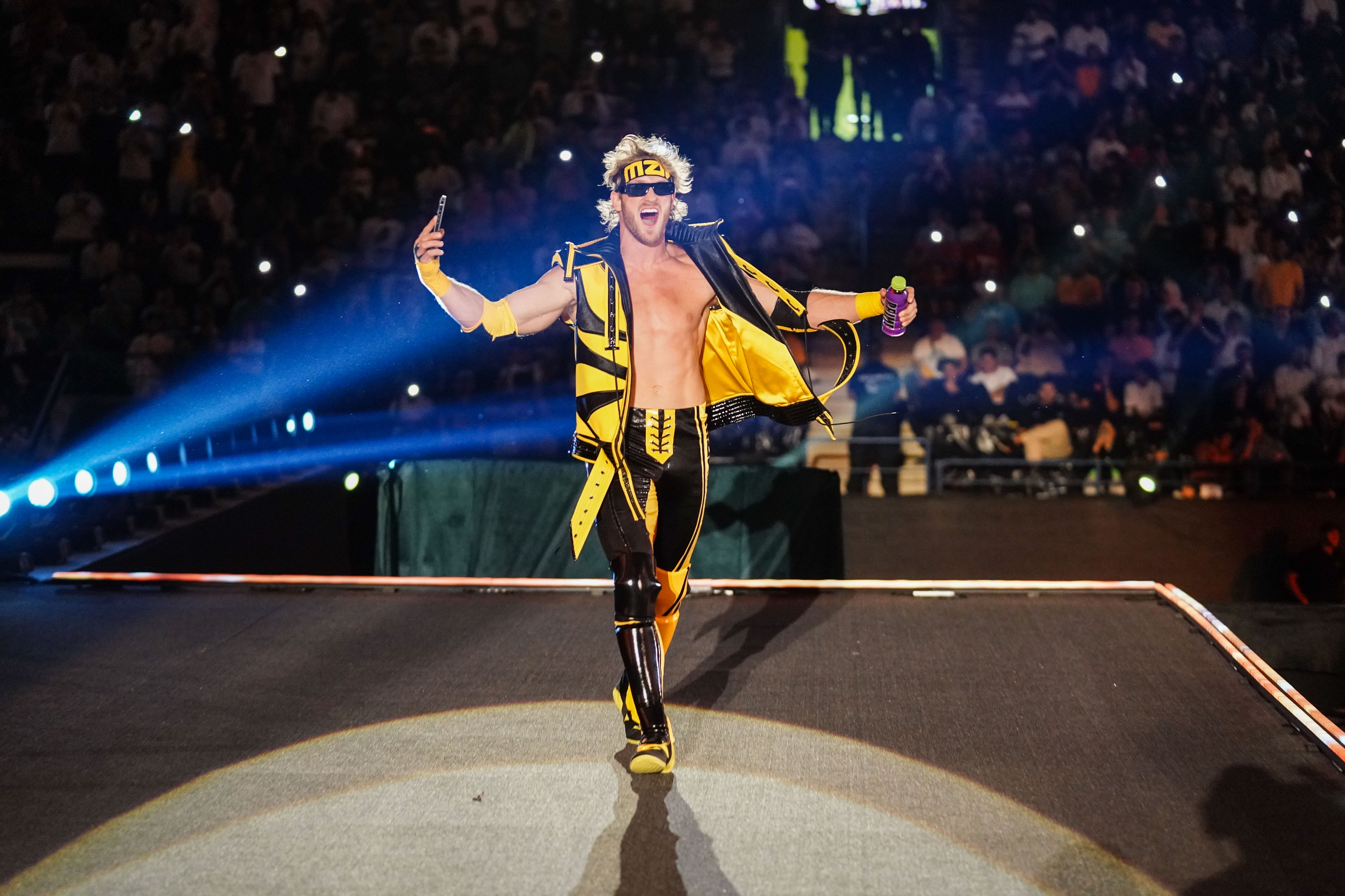 Logan Paul makes his entrance at WWE Crown Jewel 2022