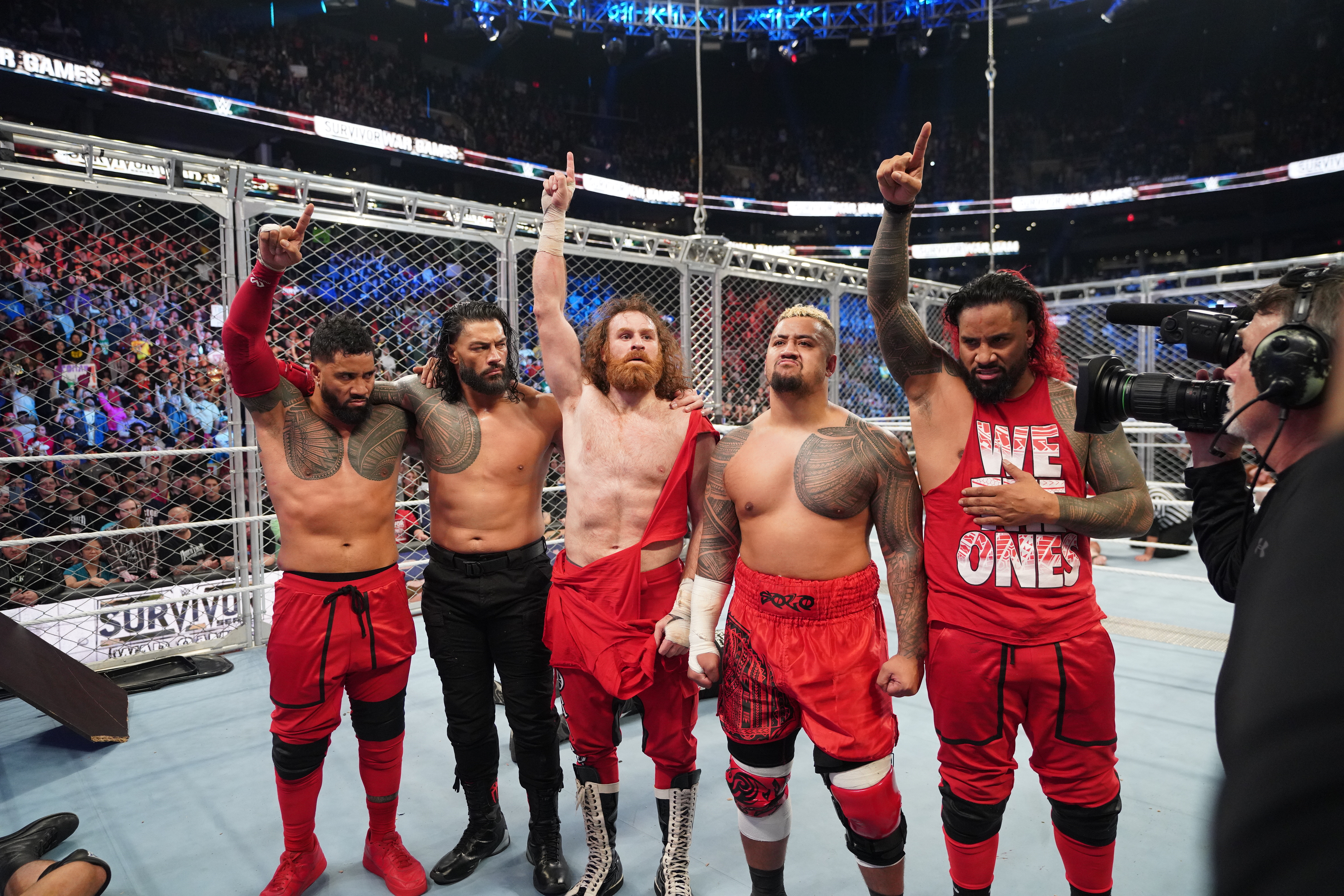 The Bloodline Roman Reigns Sami Zayn Solo Sikoa The Usos Jimmy Uso Jey Uso celebrate at WWE Survivor Series: WarGames 2022