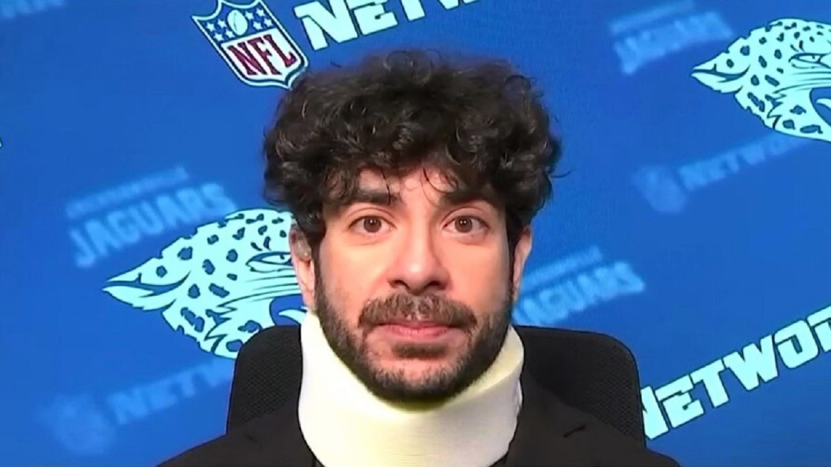 AEW President Tony Khan interview in neck brace during the NFL Draft