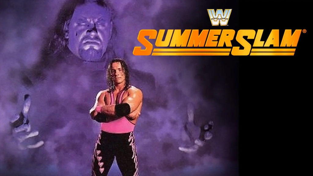 wwf wwe summerslam 1997 ppv poster bret hart the undertaker shawn michaels special guest referee steel chair shot spits face