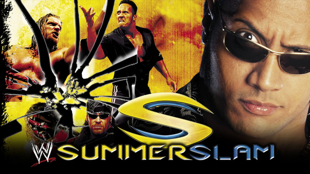 wwf wwe summerslam 2000 ppv poster the rock triple h kurt angle stephanie mcmahon helmsley tlc match edge christian the hardy boyz matt jeff the dudley boyz bubba ray d-von