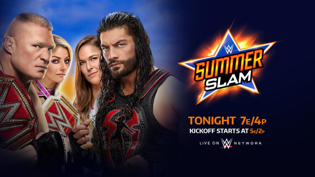 wwe summerslam 2018 ppv poster brock lesnar vs roman reigns universal championship braun strowman money in the bank mitb cash-in alexa bliss vs ronda rousey wins wwe raw women's championship title daniel bryan vs the miz