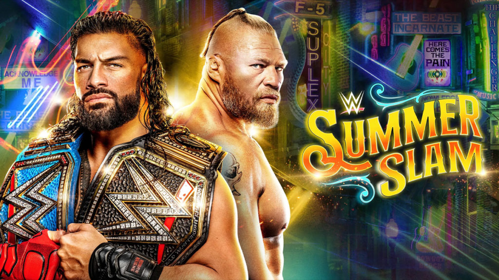 wwe summerslam 2022 ppv ple poster roman reigns vs brock lesnar wwe undisputed universal championship last man standing match tractor destroys ring