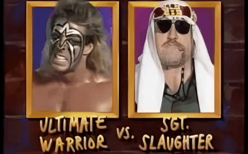 the ultimate warrior vs sgt slaughter wwf championship wwe royal rumble 1991 match graphics randy savage sensational sherri gulf war usa iraq