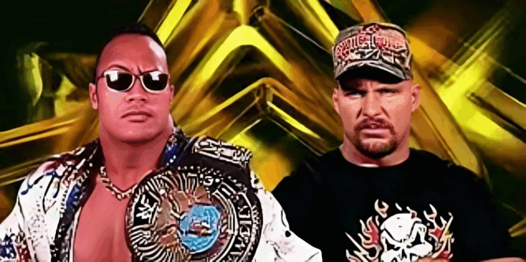 stone cold steve austin vs the rock wwf wrestlemania 17 wm x-seven match card graphics heel turn vince mcmahon chair attitude era