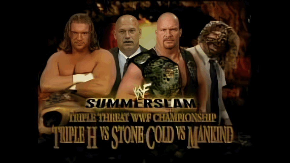 stone cold steve austin vs triple h vs mankind wwf summerslam 1999 match card graphics wwe championship jesse the body ventura special guest referee